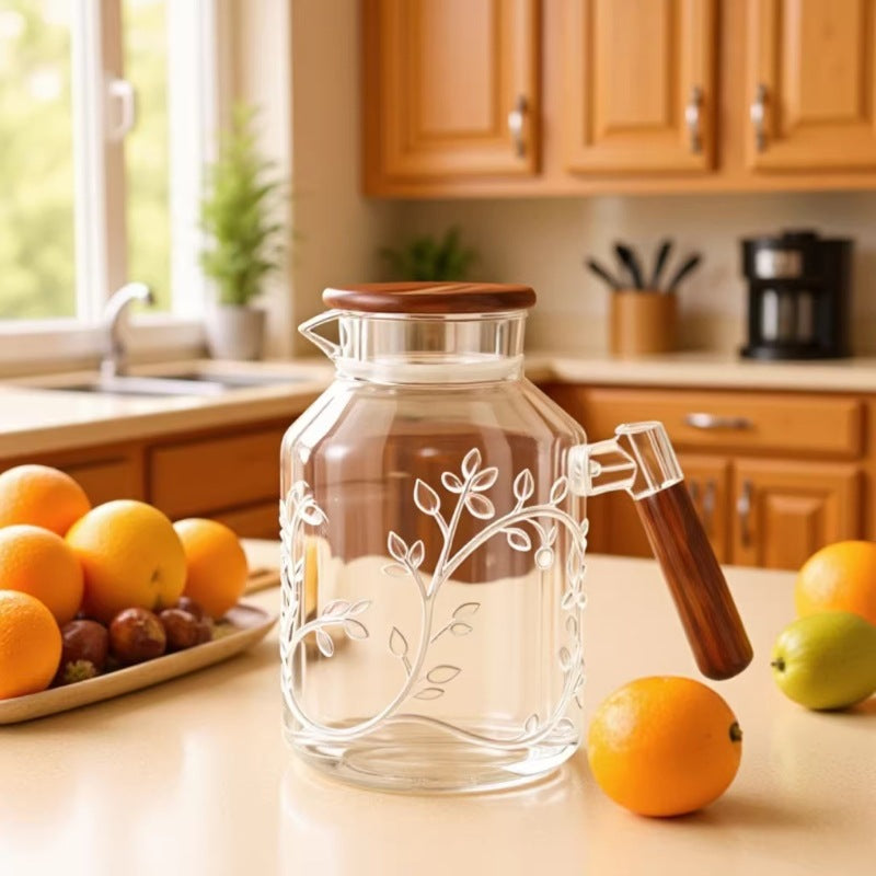 Artisanal Glass Water Pitcher with Walnut Handle - Hammered Texture Series (2000ml)