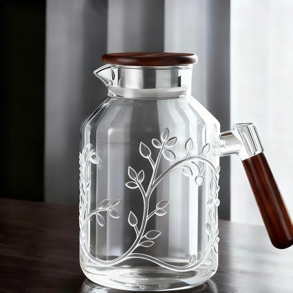 Artisanal Glass Water Pitcher with Walnut Handle - Hammered Texture Series (2000ml)