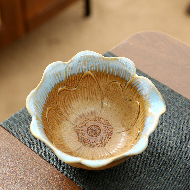 Artisanal Lotus Embossed Ceramic Matcha Bowl Set - 4-Piece Traditional Kit