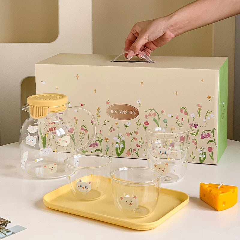 Japanese Pastoral Glass Water Pitcher & 4-Cup Gift Set - 5-Piece Artisanal Kit