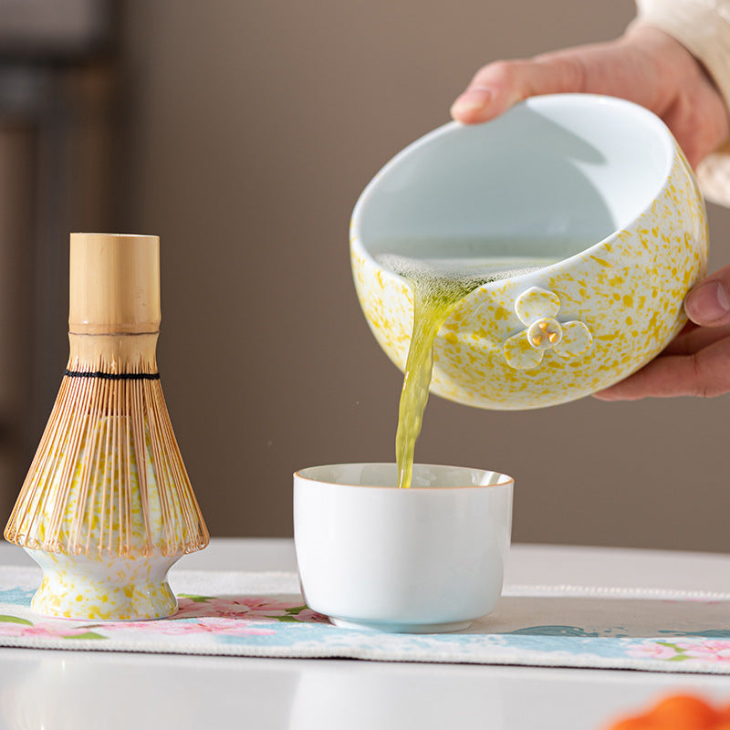 Matcha Set with Ceramic Bowl, Bamboo Whisk (Chasen), and Portable Leather Case - Japanese Tea Ceremony Starter Kit
