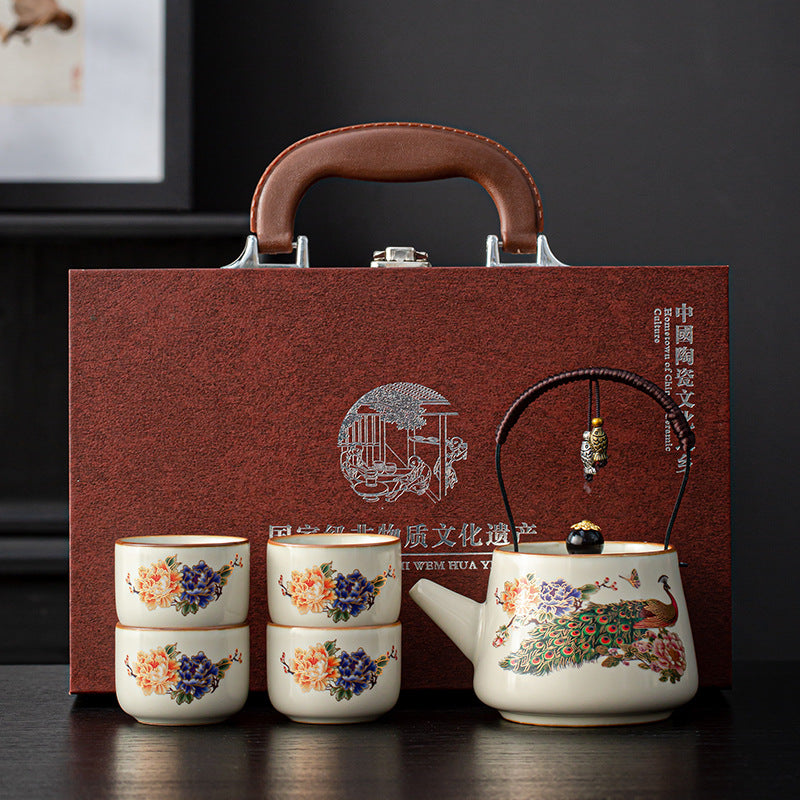 Artisanal Ru Kiln Teapot Set with Lifting Handle - Traditional Zen Gift Kit