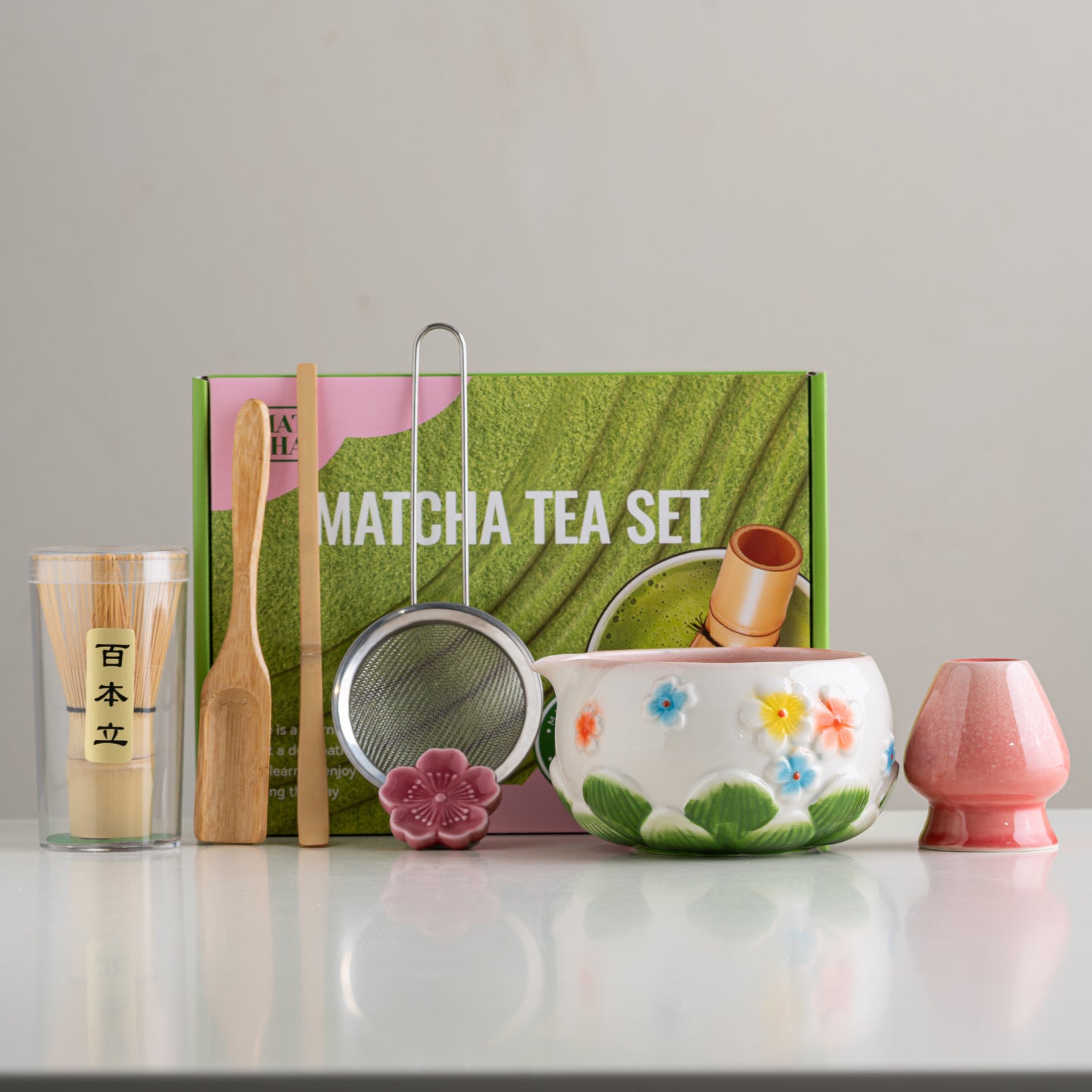 Artisanal Embossed Sakura Ceramic Matcha Starter Set - 7-Piece Master Gift Kit