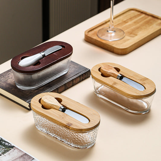 Glass Butter Dish with Airtight Bamboo Lid and Butter Spreader