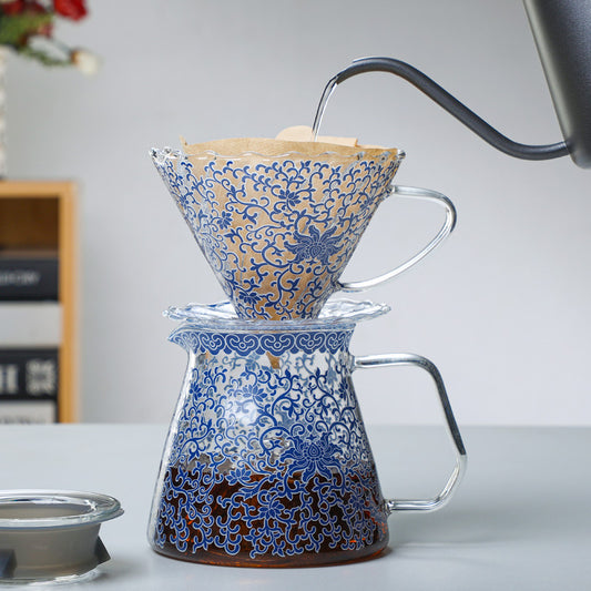 Artisanal Blue & White Porcelain Glass Coffee Server Set - V60 Drip System