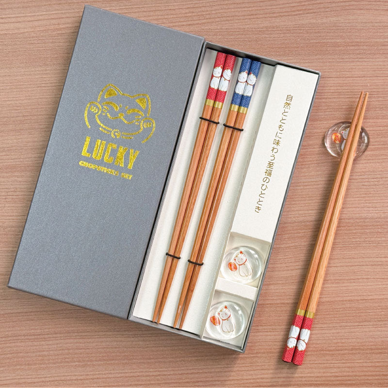Artisanal Lucky Cat Wooden Chopstick Gift Set - Traditional Japanese Tableware