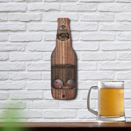 Vintage Wall-Mounted Wooden Bottle Opener with Cap Catcher - Retro Home Bar Decor