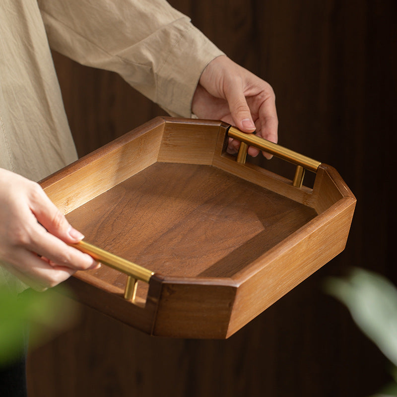 Artisanal Walnut-Style Octagonal Tea Tray & Serving Platter - Modern Zen Collection