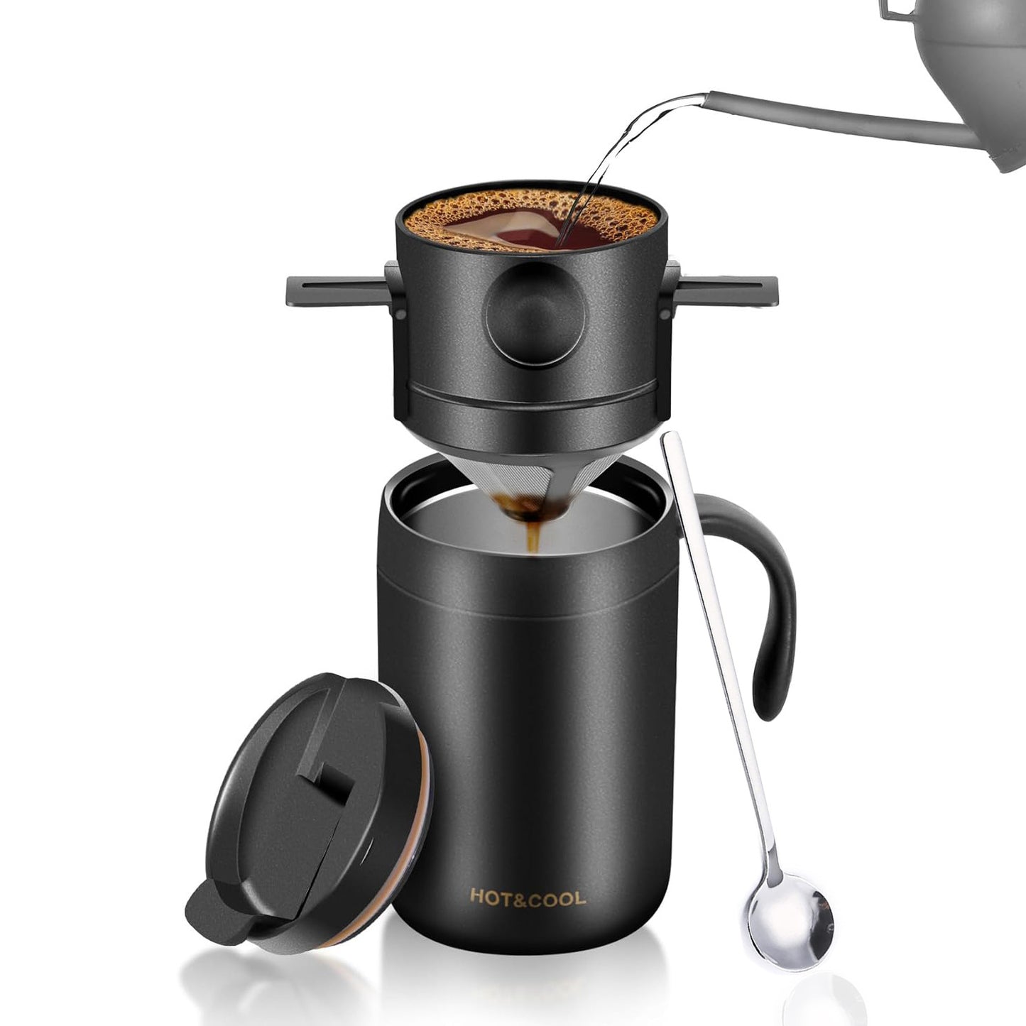 Portable Travel Pour-Over Coffee Mug Set - Insulated Stainless Steel V60 Kit