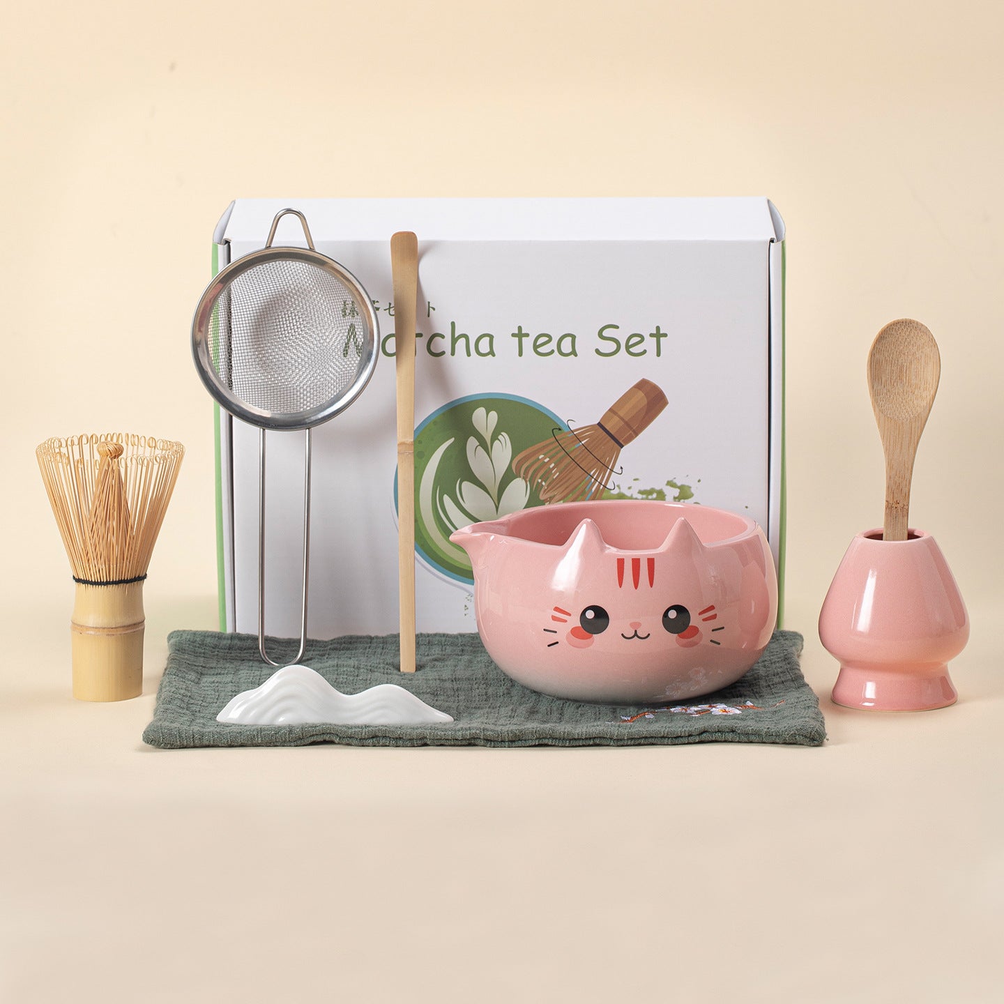 Kawaii Hand-Painted Cat Ceramic Matcha Starter Set - 8-Piece Master Gift Kit