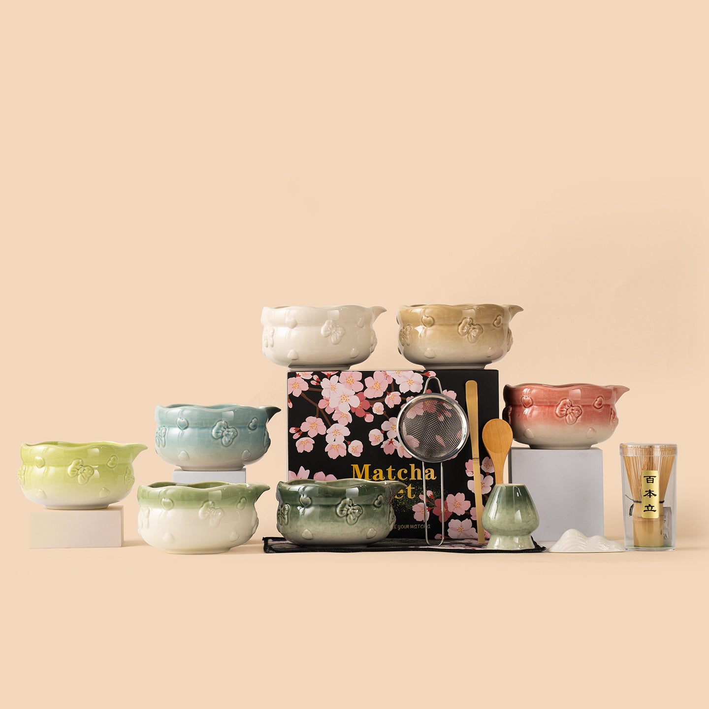 Artisanal Gradient Sakura Matcha Starter Set - 8-Piece Professional Japanese Tea Kit