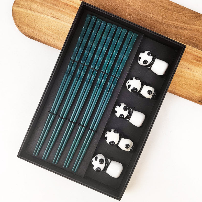 Artisanal Panda Bamboo-Style Alloy Chopstick Gift Set - Traditional Tableware