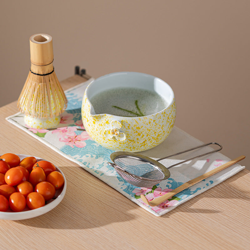 Matcha Set with Ceramic Bowl, Bamboo Whisk (Chasen), and Portable Leather Case - Japanese Tea Ceremony Starter Kit