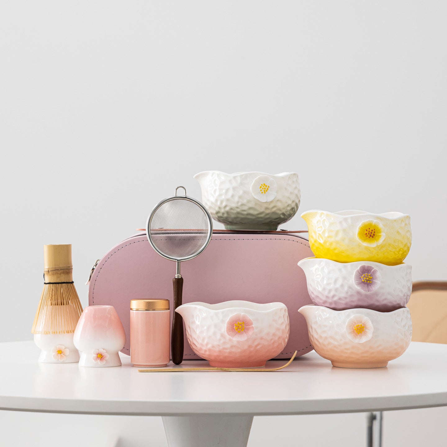 Artisanal Hand-Pinched Floral Ceramic Matcha Starter Set - 8-Piece Luxury Kit