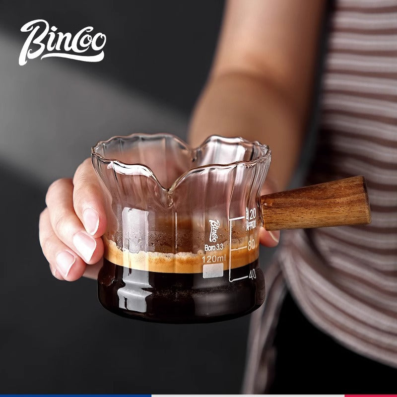 Bincoo Glass Espresso Measuring Cup with Scale & Wood Handle - 120ml / 160ml