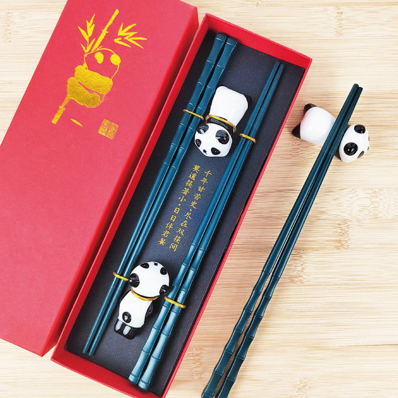 Artisanal Panda Bamboo-Style Alloy Chopstick Gift Set - Traditional Tableware