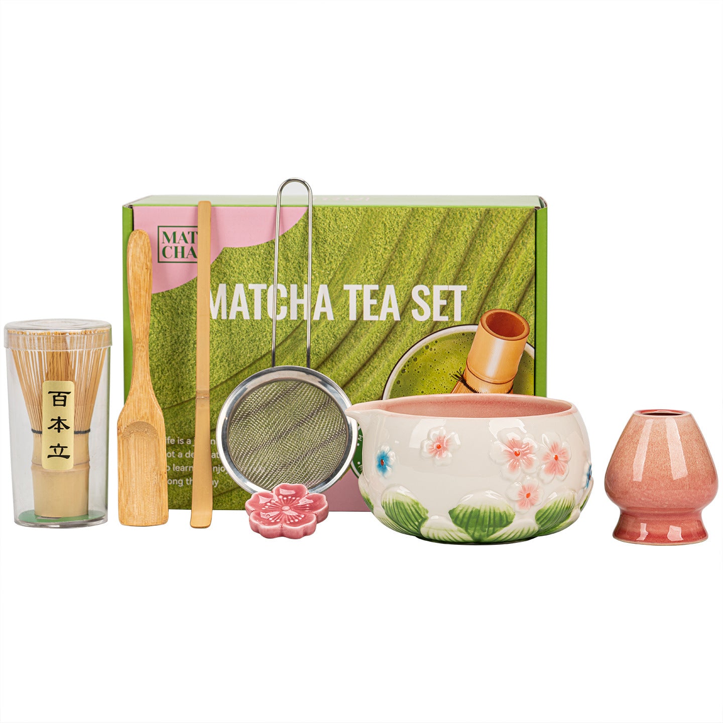 Artisanal Embossed Sakura Ceramic Matcha Starter Set - 7-Piece Master Gift Kit