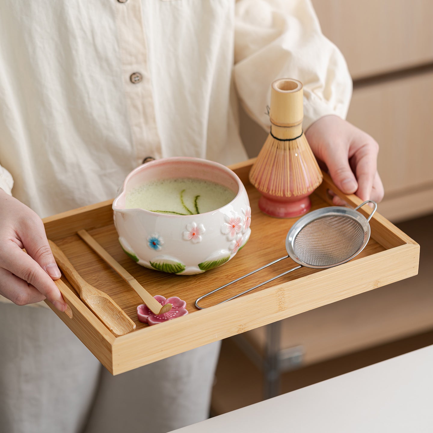 Artisanal Embossed Sakura Ceramic Matcha Starter Set - 7-Piece Master Gift Kit