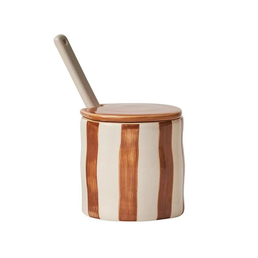 Retro-style striped ceramic seasoning jar set with spoons—exquisite kitchen storage containers for spices.