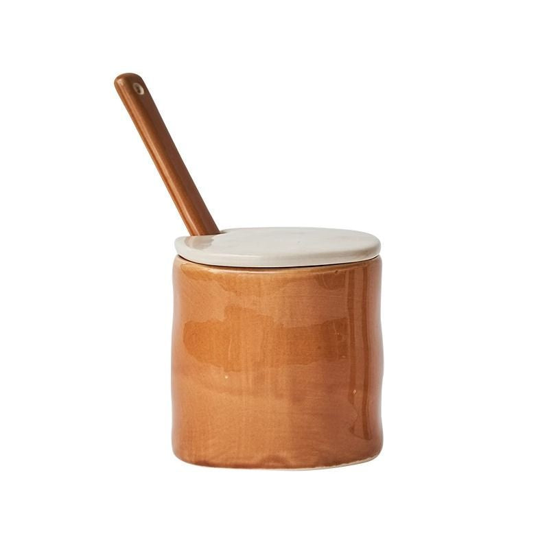 Retro-style striped ceramic seasoning jar set with spoons—exquisite kitchen storage containers for spices.