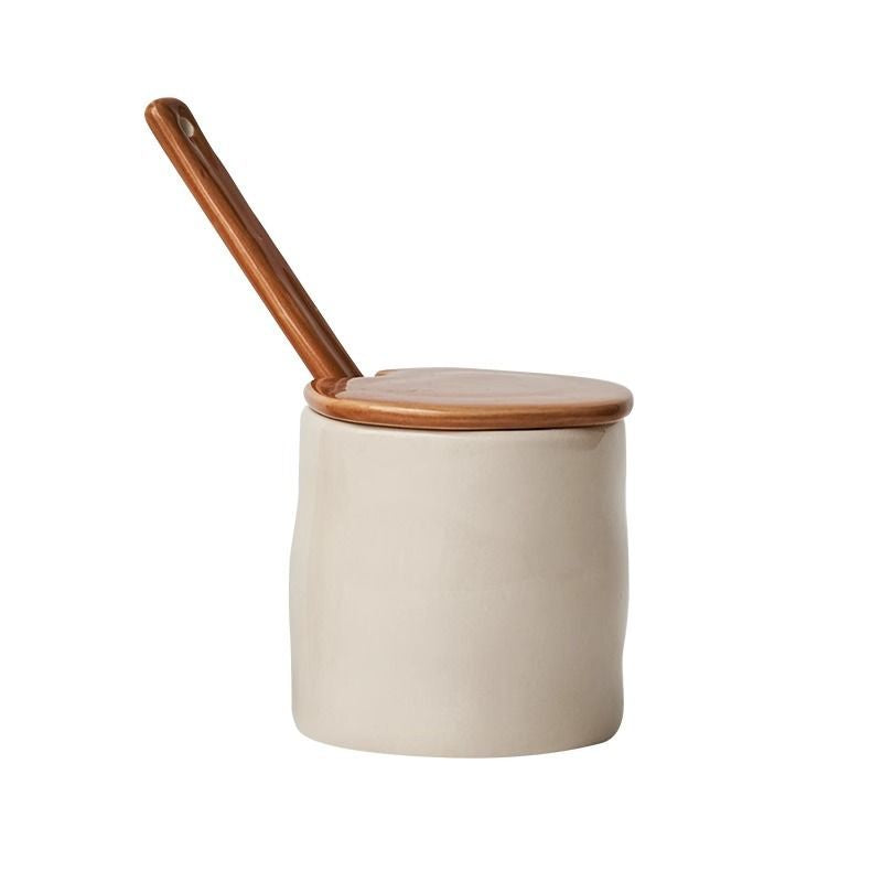 Retro-style striped ceramic seasoning jar set with spoons—exquisite kitchen storage containers for spices.