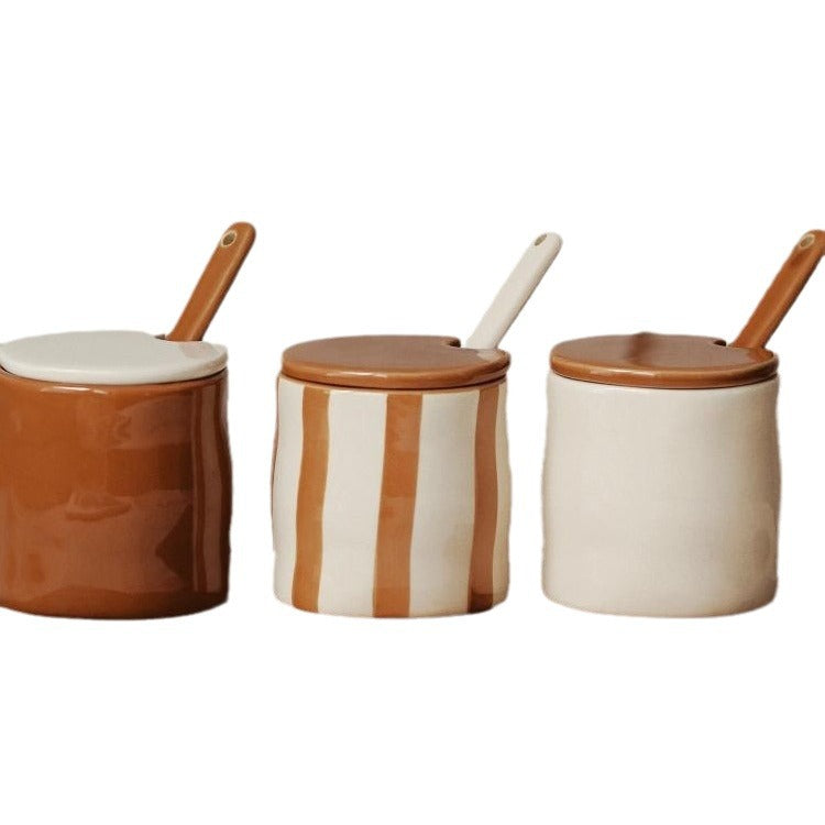 Retro-style striped ceramic seasoning jar set with spoons—exquisite kitchen storage containers for spices.